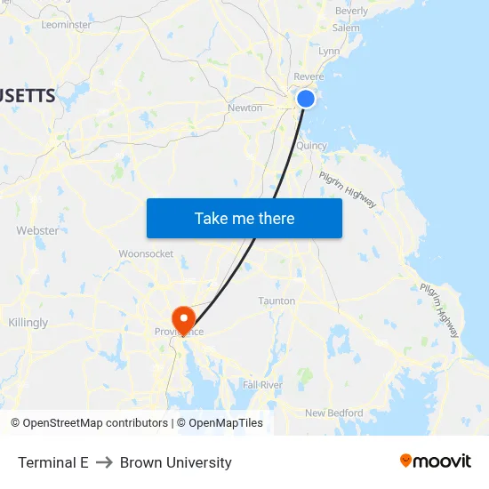 Terminal E to Brown University map