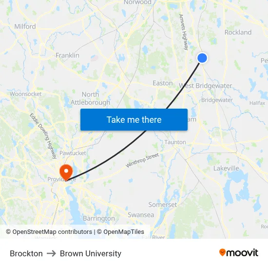 Brockton to Brown University map