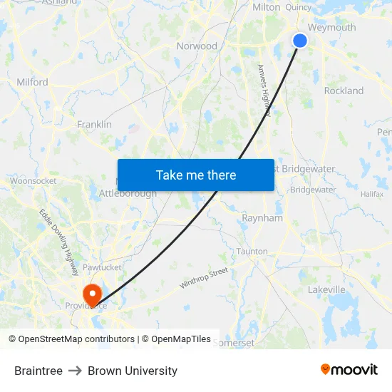 Braintree to Brown University map