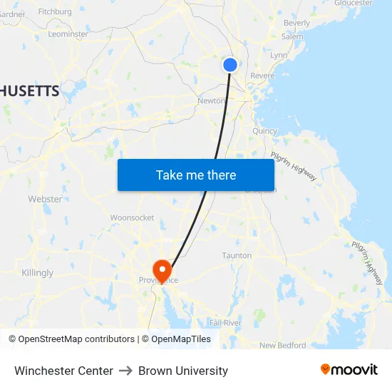 Winchester Center to Brown University map