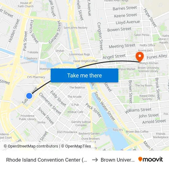 Rhode Island Convention Center (Sabin) to Brown University map