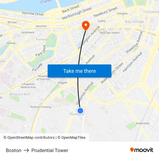 Boston to Prudential Tower map