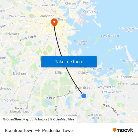 Braintree Town to Prudential Tower map