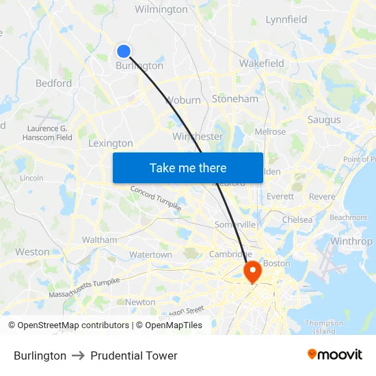 Burlington to Prudential Tower map