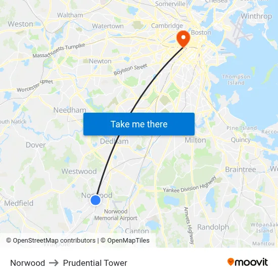 Norwood to Prudential Tower map