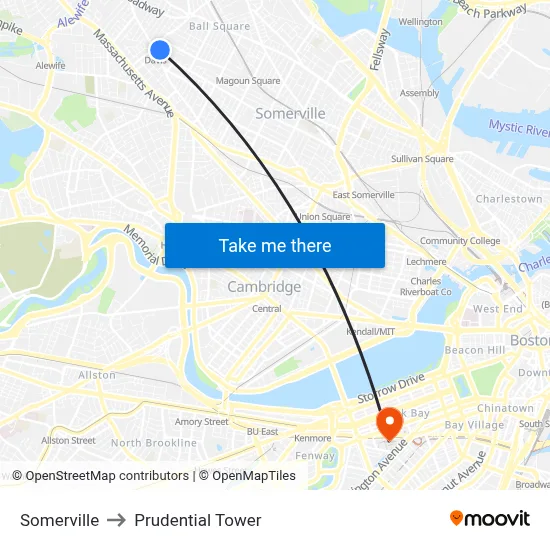 Somerville to Prudential Tower map