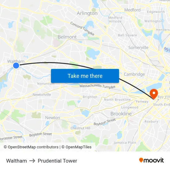 Waltham to Prudential Tower map