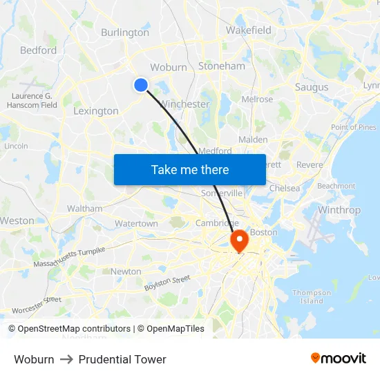 Woburn to Prudential Tower map
