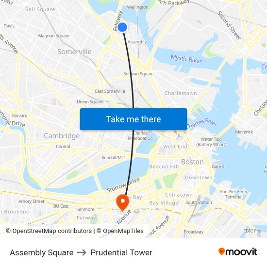 Assembly Square to Prudential Tower map