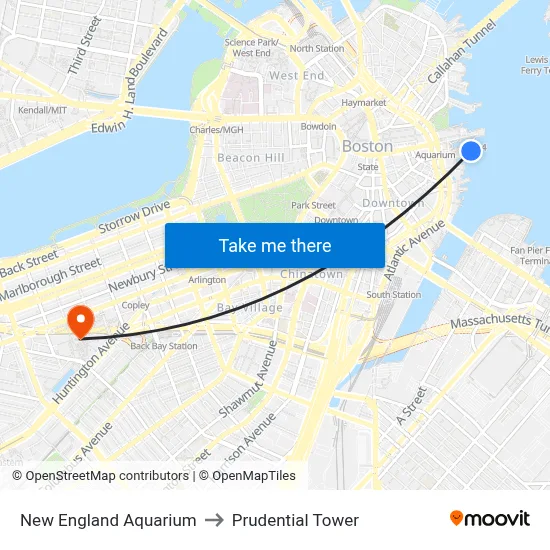 New England Aquarium to Prudential Tower map