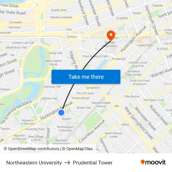 Northeastern University to Prudential Tower map