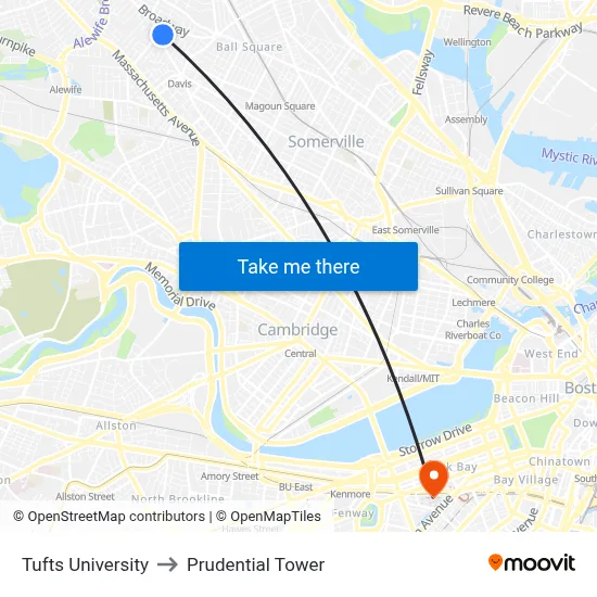 Tufts University to Prudential Tower map
