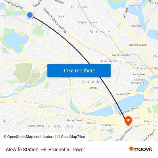 Alewife Station to Prudential Tower map