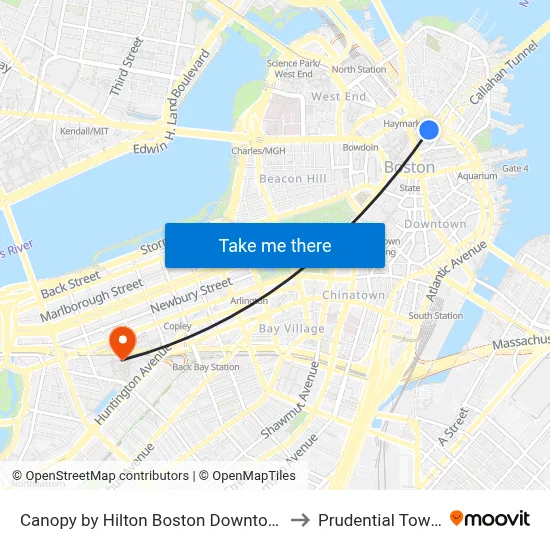 Canopy by Hilton Boston Downtown to Prudential Tower map
