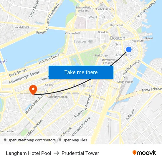 Langham Hotel Pool to Prudential Tower map