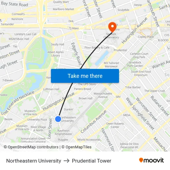 Northeastern University to Prudential Tower map