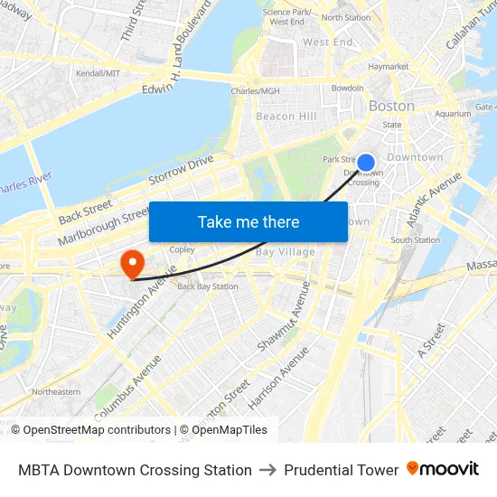 MBTA Downtown Crossing Station to Prudential Tower map