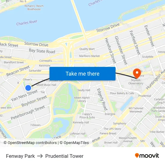 Fenway Park to Prudential Tower map