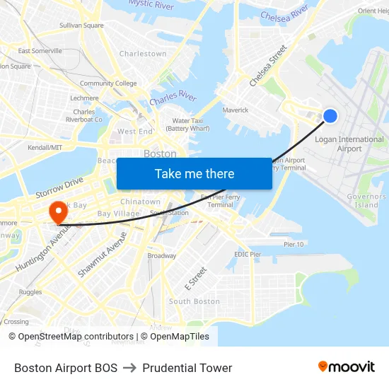 Boston Airport BOS to Prudential Tower map