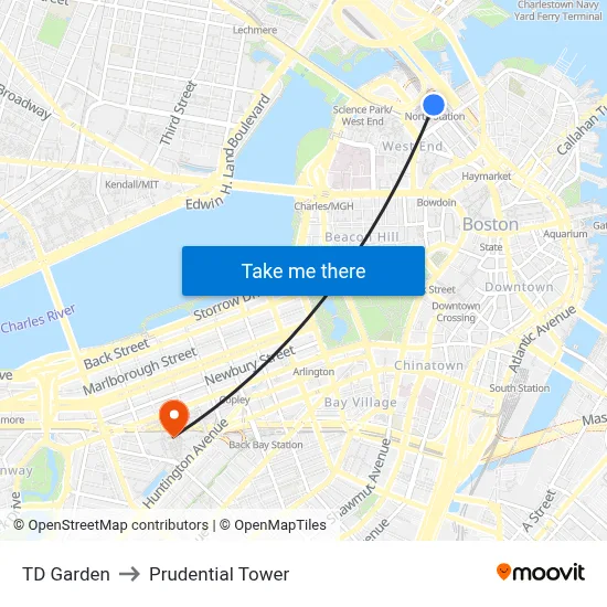 TD Garden to Prudential Tower map