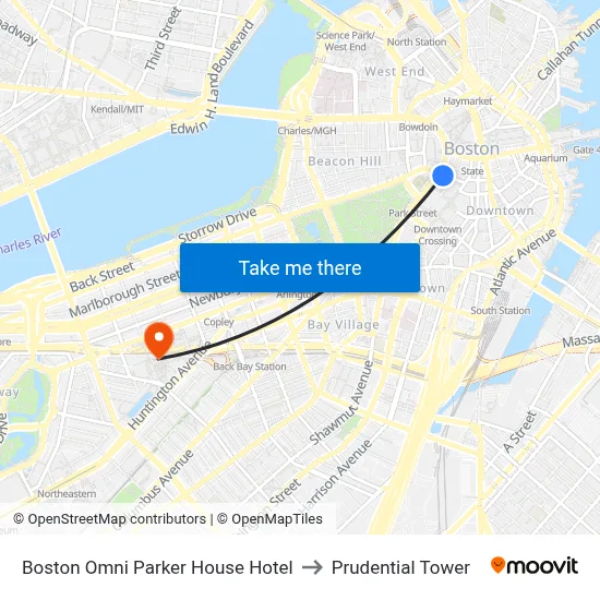 Boston Omni Parker House Hotel to Prudential Tower map