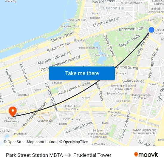 Park Street Station MBTA to Prudential Tower map