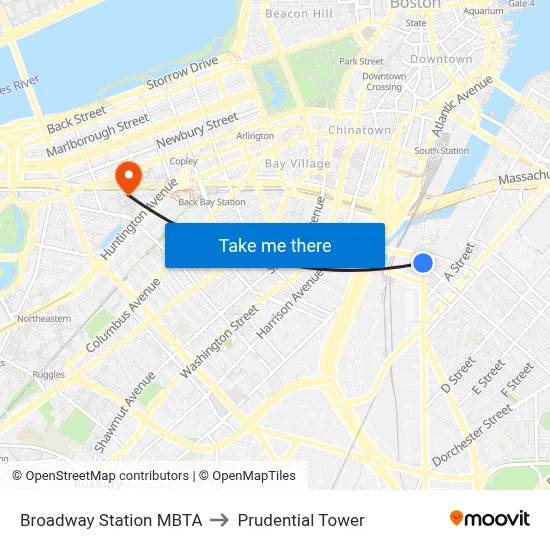 Broadway Station MBTA to Prudential Tower map
