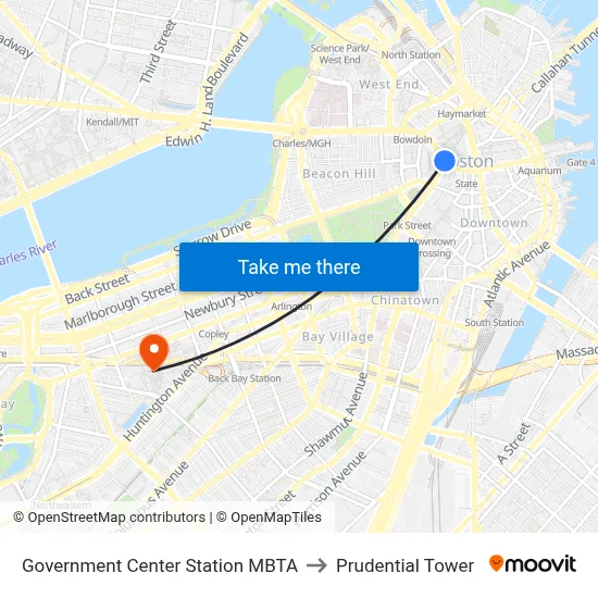 Government Center Station MBTA to Prudential Tower map