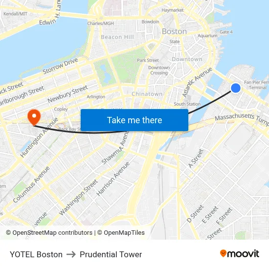 YOTEL Boston to Prudential Tower map