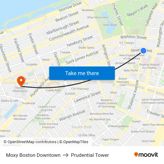 Moxy Boston Downtown to Prudential Tower map