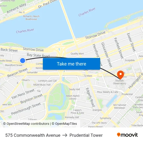 575 Commonwealth Avenue to Prudential Tower map