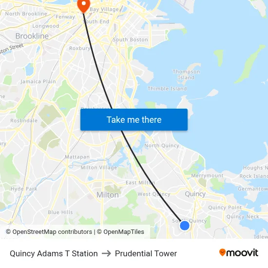 Quincy Adams T Station to Prudential Tower map