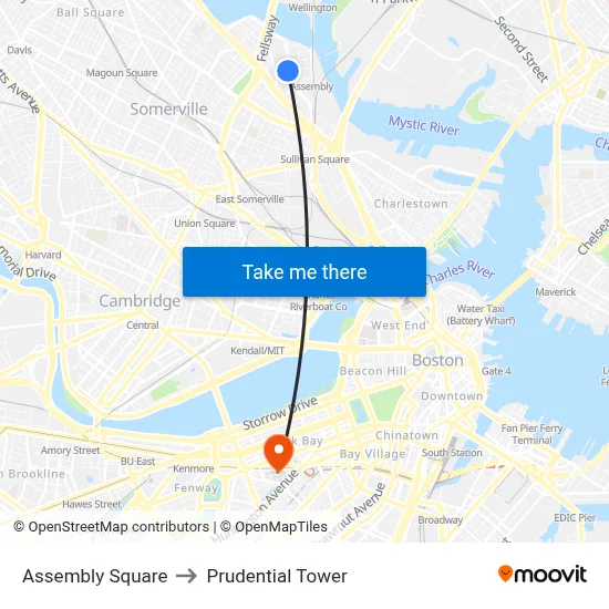 Assembly Square to Prudential Tower map