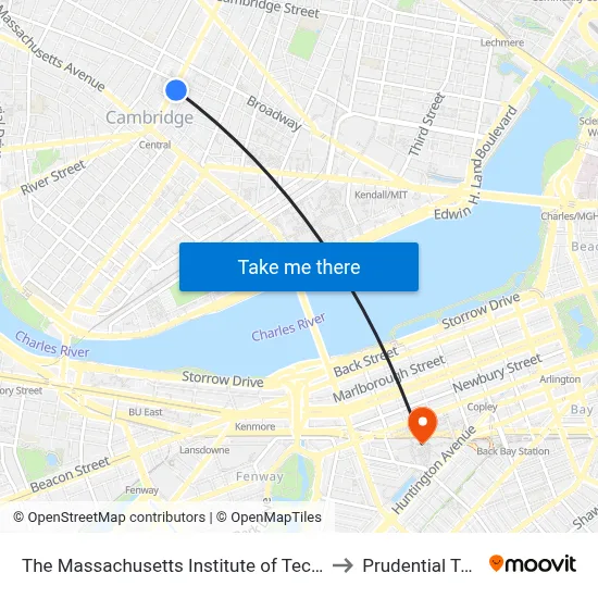 The Massachusetts Institute of Technology to Prudential Tower map