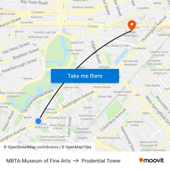 MBTA-Museum of Fine Arts to Prudential Tower map