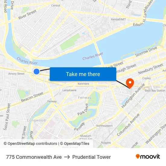 775 Commonwealth Ave to Prudential Tower map