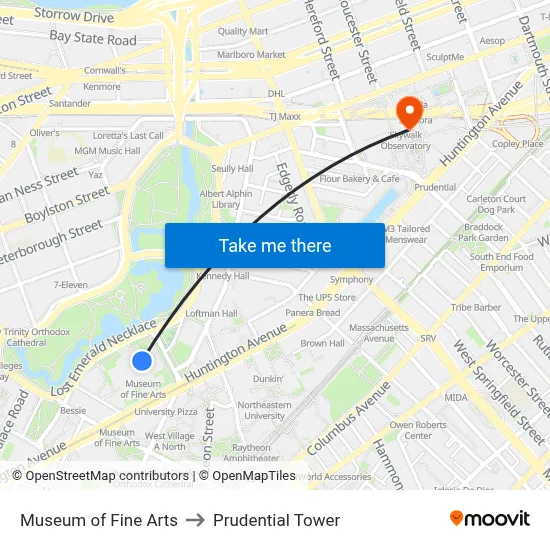 Museum of Fine Arts to Prudential Tower map