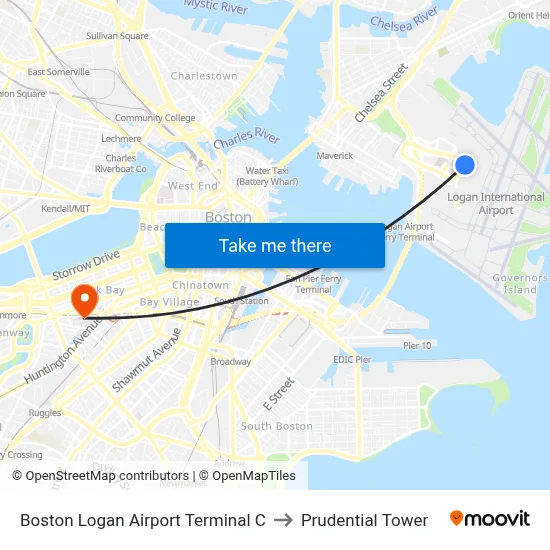 Boston Logan Airport Terminal C to Prudential Tower map
