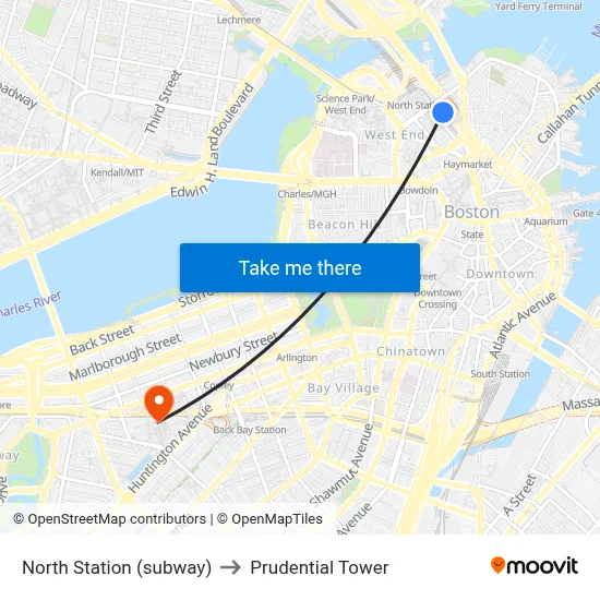 North Station (subway) to Prudential Tower map