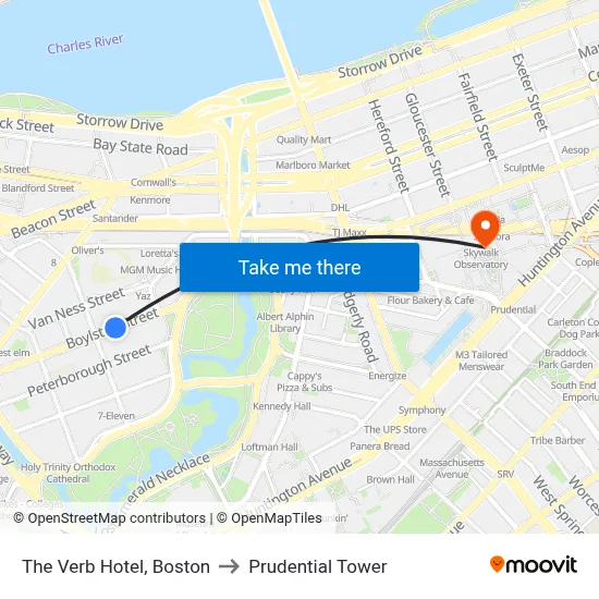 The Verb Hotel, Boston to Prudential Tower map