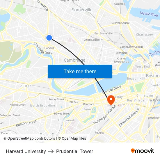 Harvard University to Prudential Tower map