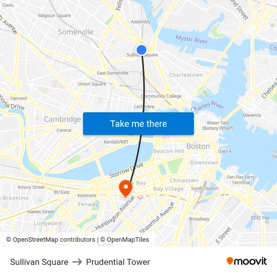 Sullivan Square to Prudential Tower map