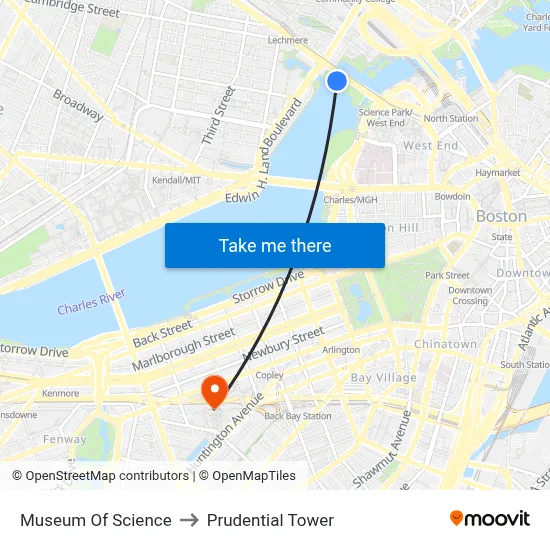 Museum Of Science to Prudential Tower map