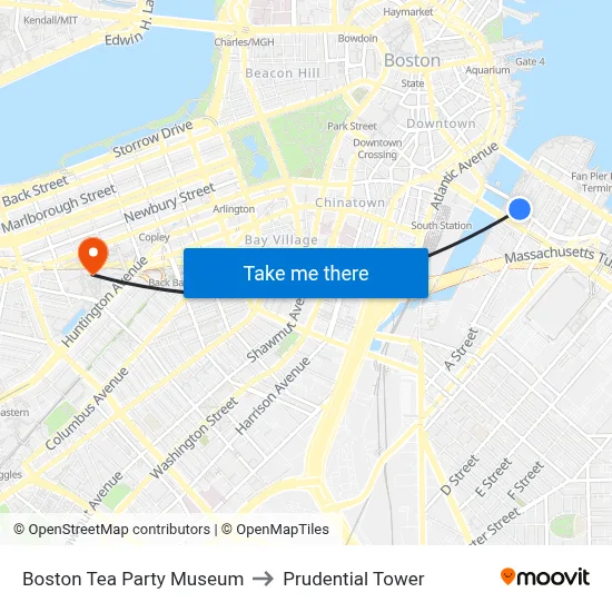 Boston Tea Party Museum to Prudential Tower map