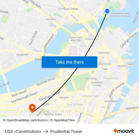 USS «Constitution» to Prudential Tower map