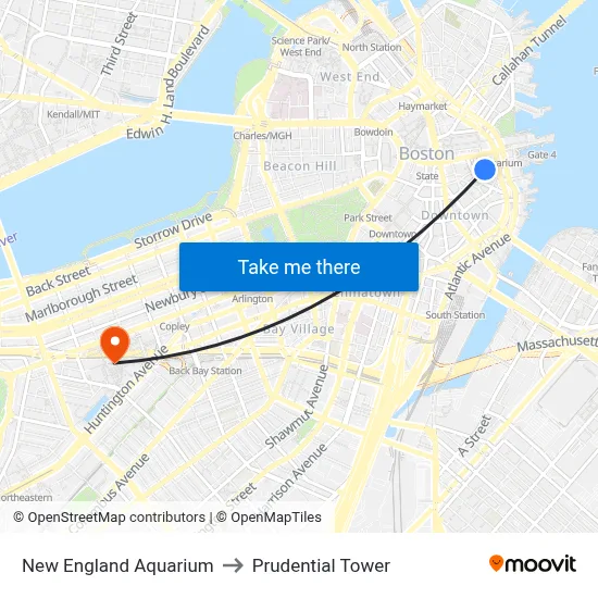 New England Aquarium to Prudential Tower map
