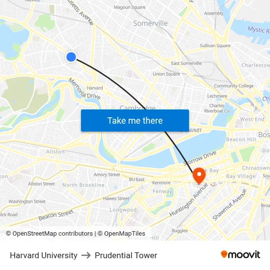 Harvard University to Prudential Tower map