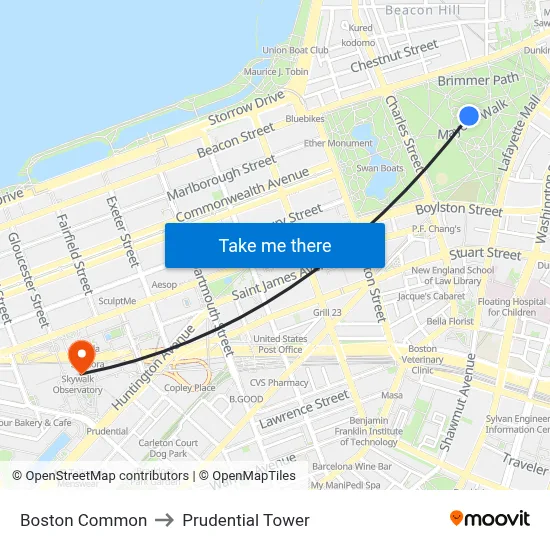Boston Common to Prudential Tower map