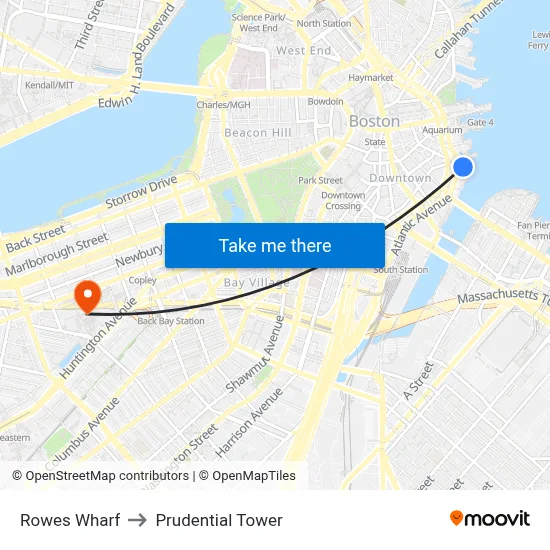 Rowes Wharf to Prudential Tower map