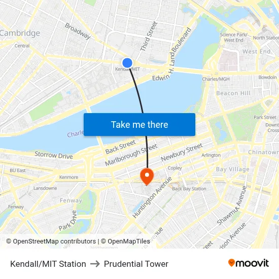 Kendall/MIT Station to Prudential Tower map